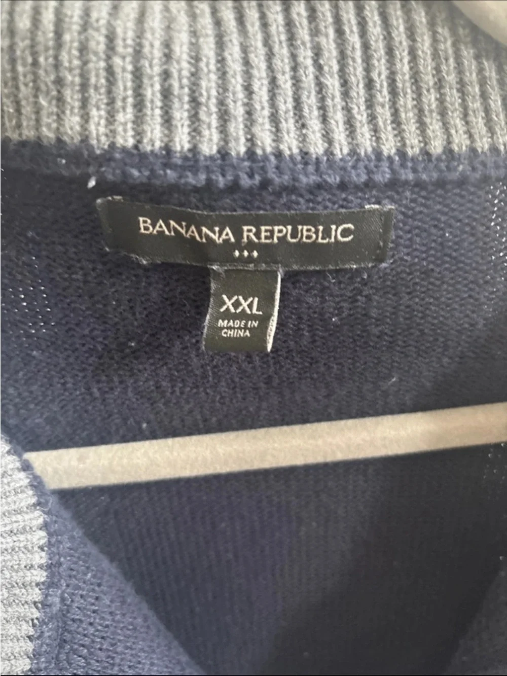 Banana Republic Men's Navy Zip-Front Sweater with Gray Collar XXL